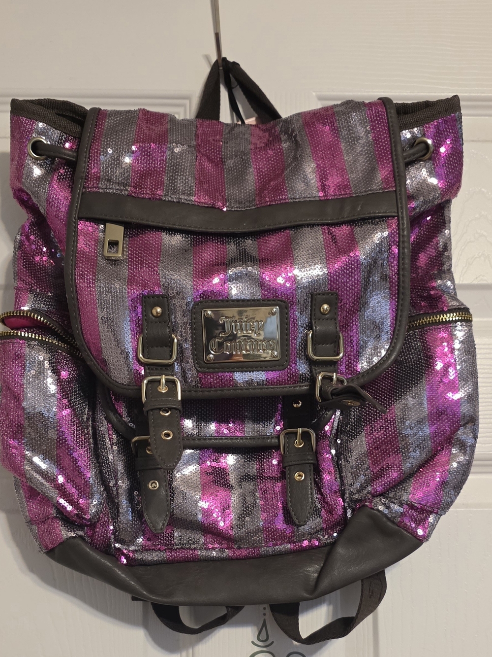 NWT Juicy Couture Pink and Gray Sequin Stripe Backpack with Buckle Detail